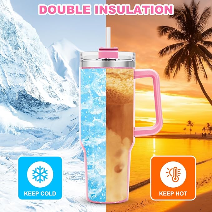 40 oz Tumbler with Handle and Flip Straw Lid, Vacuum Insulated Leak Proof Double Walled Stainless Steel Glitter Travel Mug Tumblers, Maintains Cold Ice and Heat for Hours(Pink) - Bloomnest