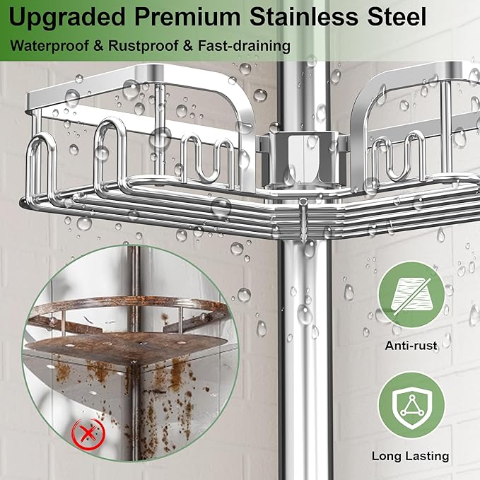 Corner Shower Caddy Tension Pole 4 Tier Adjustable Stainless Steel Shower Shelf for Inside Shower Bathtub Shampoo,Standing Bathroom Organizer Shelves with 39 to 113 inch Height - Bloomnest