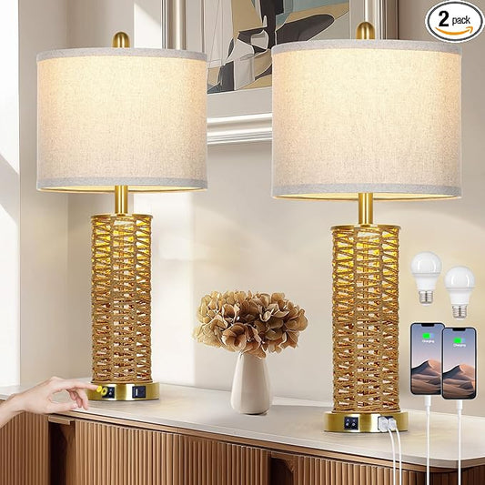 27" Natural Rattan Table Lamps Set of 2, Boho Bedside Lamp for Bedroom with Night Light, Woven Wicker Nightstand Lamps with 2 USB Ports & AC Outlet, Tall Farmhouse Living Room Lamp, Gold - Bloomnest