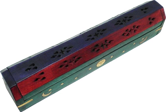 New Age Carved Coffin Celestial Brass Inlay Ash Catcher Incense Stick & Cone Holder [12"] - ID#142001 - Bloomnest