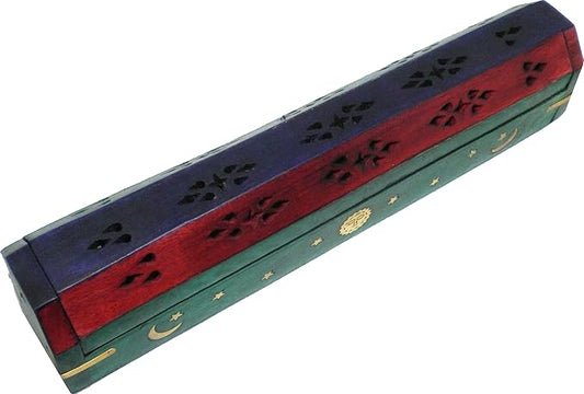 New Age Carved Coffin Celestial Brass Inlay Ash Catcher Incense Stick & Cone Holder [12"] - ID#142001 - Bloomnest