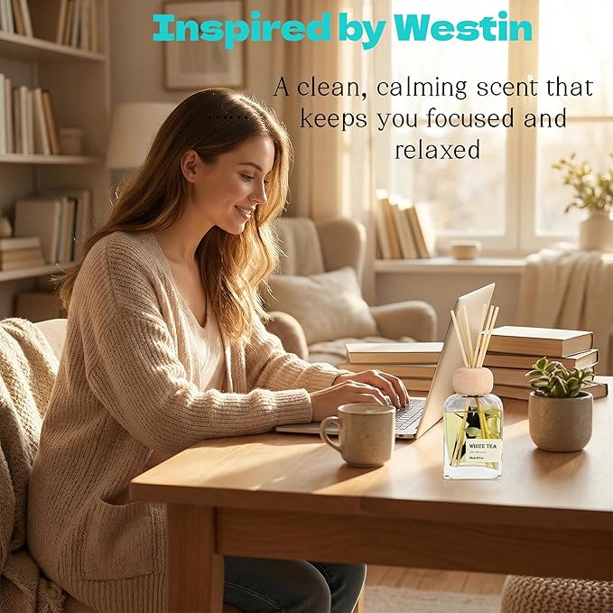 White Tea Essential Oil Reed Diffusers,Luxury Hotel Collection Diffuser Oil Inspired by Westin for Home&Office, Bedroom Living Room Shelf Decor,Bathroom Accessories,Non-Toxic & Gift Ready,3.34 FL OZ - Bloomnest