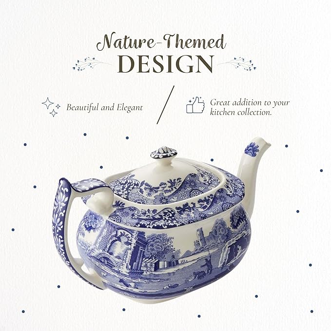 Spode Blue Italian Teapot with Infuser - 40 oz Countryside-Inspired Ceramic Teaware for Afternoon Tea, Earthenware Brunch Tableware, Vintage-Inspired Tea Party Hosting - Bloomnest
