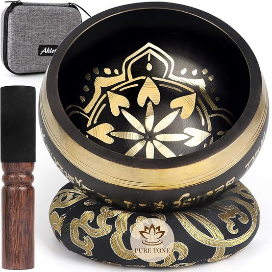 AKLOT HandMade Meditation Singing Bowl: Tibetan Sound Bowl Set with Pure Tone, Sound Bath Bowl with Cushion, Mallet, Carry Bag, Spiritual Gift for Chakra Clearing, Yoga, Prayer, Relaxation (5 Inch)