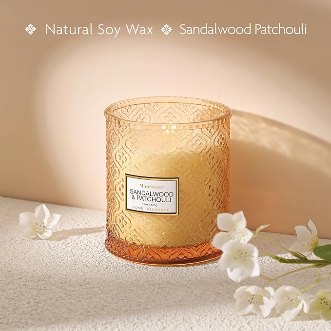 Sandalwood & Patchouli Scented Candles, 19oz Luxury Gifts for Women, Orange Decorative Glass Candles, Natural Soy Wax for Home Fragrance - Bloomnest