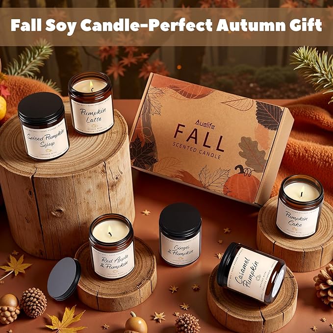 Auelife Fall Scented Candles - Pumpkin Candle Set of 6 | Ginger, Apple, Cake, Caramel, Latte & Spiced Pumpkin Soy Candles | Autumn Candle for Home Décor & Gifts for Women, Cozy Fall Aromatherapy - Bloomnest