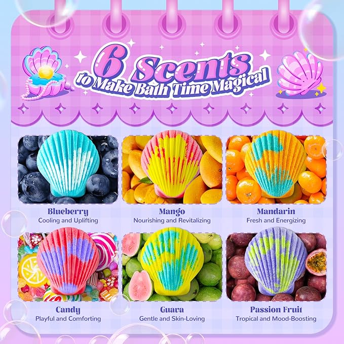 Shell Bath Bombs for Girls – 12 Pack Child-Safe Aromatherapy Bath Bombs with 20 Surprise Toys Inside, 6 Fruity Scents in 2 Gift Boxes (Mermaid & Unicorn Themes), Christmas Gift for Kids - Bloomnest