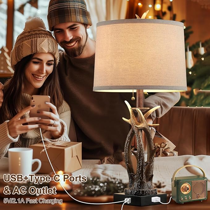 Farmhouse Deer Antler Table Lamps Set of 2 Rustic Western Bedside Lamp with USB A+C & Outlet Vintage Nightstand Lamps for Log Cabin Bedroom Hunting Themed Living Room End Table Cottage Home Decor - Bloomnest