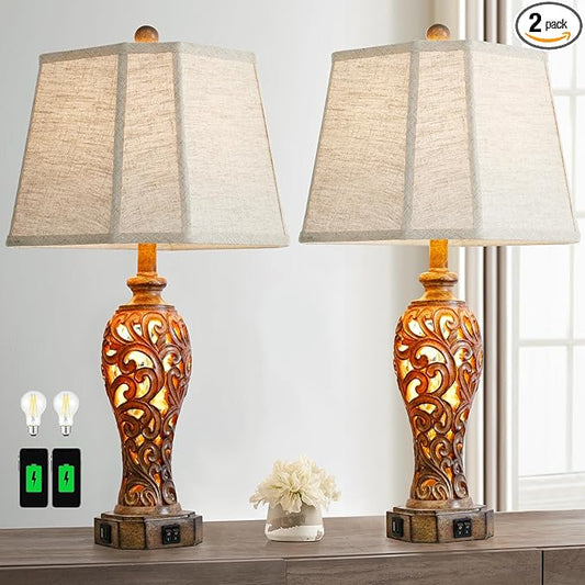 Set of 2 Rustic Table Lamps for Living Room Bedroom, 2 USB Ports 25'' Vintage Farmhouse Desk Lamp with Nightlight, Brown Hollow Out Resin Lamp for End Table (Bulbs Included) - Bloomnest
