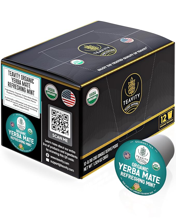 Organic Yerba Mate Refreshing Mint Tea Pods - Naturally Caffeinated Yerba Mate Tea Pod for Keurig Brewers by Teavity (12 Tea Pods) - Bloomnest