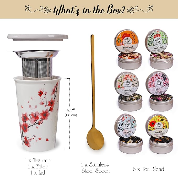 Harmoleaf Tea Gift Set for Women - 6 Herbal Loose Leaf Tea Blends, Insulated Ceramic Cup with Infuser & Lid | Birthday, Mother's Day, Anniversary & Retirement Gift for Her - Bloomnest