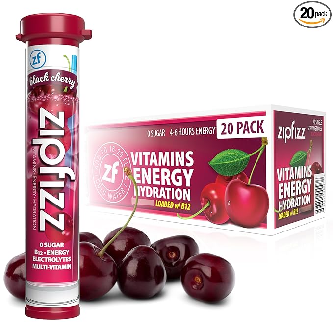 Zipfizz Daily Energy Drink Powder, Black Cherry, 20 Pack | 3-in-1 Sustained Energy, Rapid Hydration, and Essential Vitamins | Sugar-Free | Electrolyte Powder | Contains Vitamin B-12 & Antioxidants - Bloomnest