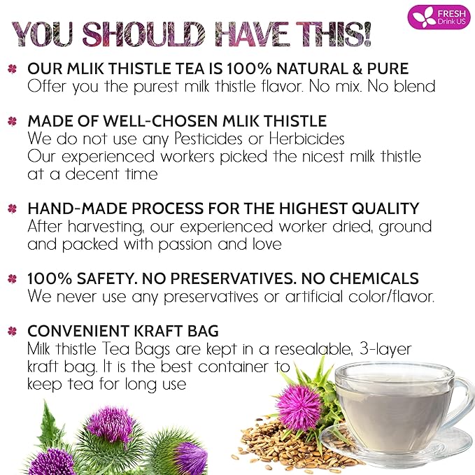 FreshDrinkUS, Premium 30 Milk Thistle Tea Bags, 100% Natural & Pure from Milk Thistle Seeds. Milk Thistle Seed Herbal Tea. Made with Natural Material Tea Bags. No Sugar, No Caffeine, No Gluten, Vegan. - Bloomnest