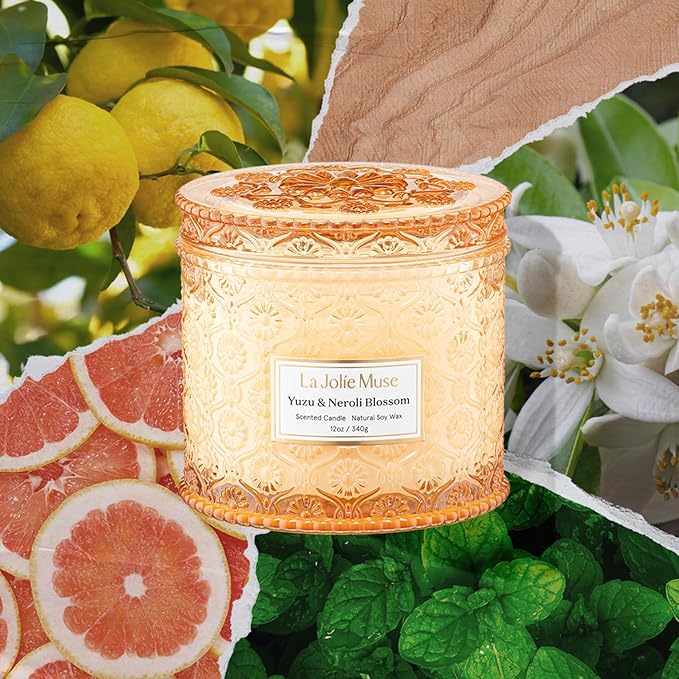 LA JOLIE MUSE Yuzu & Neroli Blossom Candle - Yuzu, Orange Blossom, Cedarwood | 12 oz Large 2-Wick Soy Wax Candle | 60 Hours Clean Burn | Citrus Scented Candle | Elegant Home Décor - Bloomnest