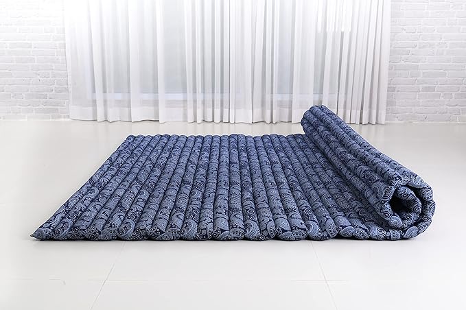 Leewadee - Foldable Floor Mattress - Japanese Roll Up Futon -Trifold Tatami Mat- Guest Floor Bed - Camping Mattress - Thai Massage Mat, Kapok Filled, 75 x 57 inches, Blue White - Bloomnest