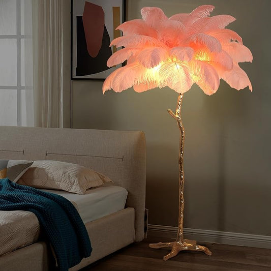 MAYOLA Luxury Resin Ostrich Feather Lamp, 35 Pieces Real Ostrich Feathers,Floor Light for Living Room, Bedroom and Office 67” Tall Feather Lamp(Pink, Floor Lamp) - Bloomnest