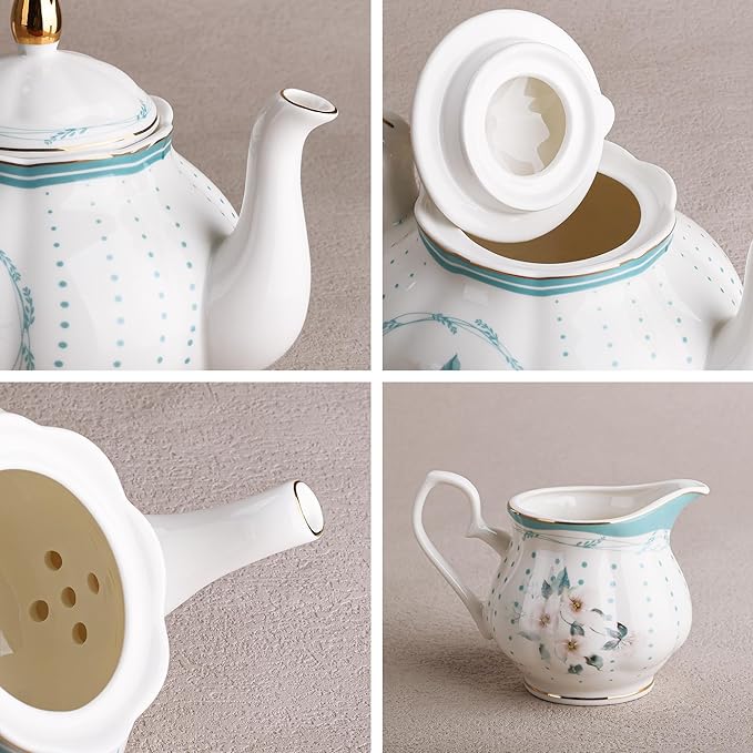 fanquare 21 Pieces Royal Style Porcelain Tea Set with Gold Trim, Vintage White Camellia Polka Dots Tea Sets, 6 Teacup and Saucers for Party Home Wedding - Bloomnest