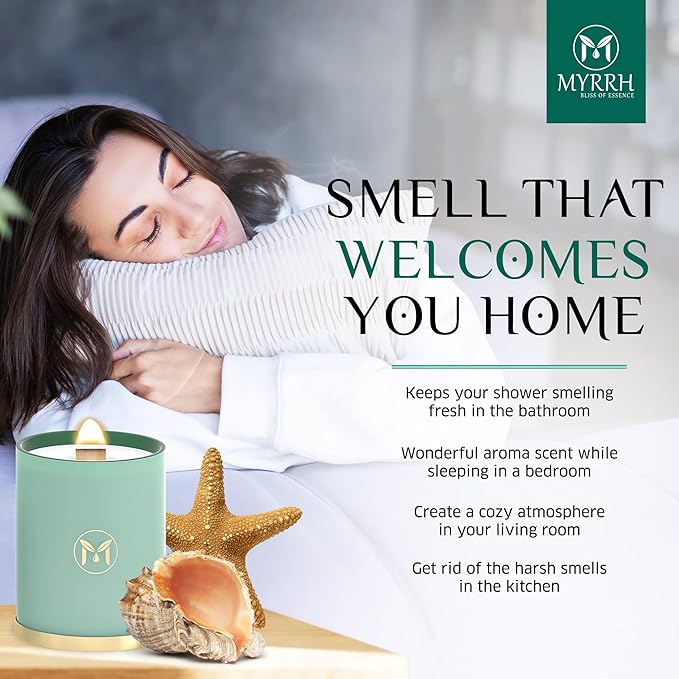 MyrrhUSA Ocean Breeze Scented Candle – 15 oz Natural Soy Wax with Crackling Wooden Wick & Essential Oils | 80 Hour Burn | Luxury Aromatherapy Candle for Relaxation, Home Décor, Living Room & Bathroom - Bloomnest