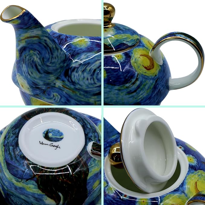 Porcelain 13 OZ Tea for One Teapot and Cup Set Vintage Floral Ceramic Tea Set European Style Tea pot and Saucer Set (Starry Sky) - Bloomnest