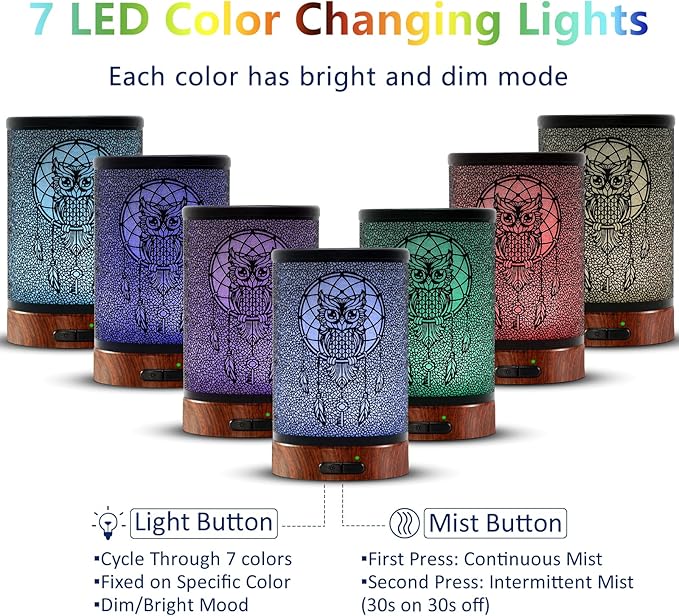 EQUSUPRO Essential Oil Diffuser 150ml Metal Aromatherapy Oil Diffuser Ultrasonic Cool Mist Diffuser with Auto Shut-Off Protection,7 Colors Changed LED for Home Office SPA Yoga (Owl) - Bloomnest