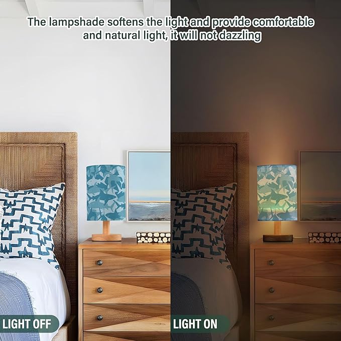 Table Lamp Blue Shark Pattern Marine Animal Nightstand Lamp with Wood Base Fabric Lamp Shade Bedside Desk Lamp for Living Room Bedroom Kids Room Office - Bloomnest