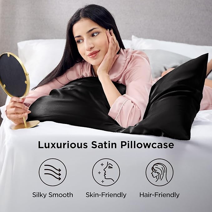 Bedsure King Size Satin Pillowcase Set of 2 - Black Silky Pillow Cases for Hair and Skin with Envelope Closure, Similar to Silk Pillow Cases, Gifts for Women Men, 20x36 Inches, 2pcs - Bloomnest