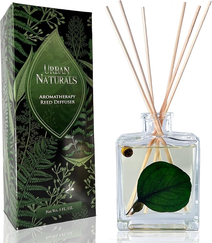 Urban Naturals Sandalwood & Eucalyptus Reed Diffuser Set – Made with Essential Oils & Real Botanicals – Sleek Rectangular Refillable Glass Bottle – Made in the USA UrbanNaturals