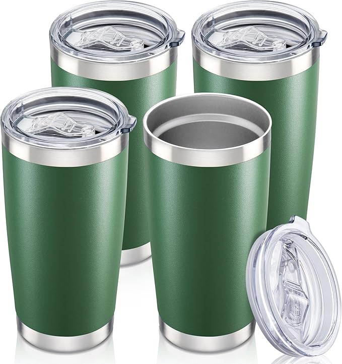 20 oz Tumbler with Lid Stainless Steel Insulated Tumblers Bulk Double Wall Vacuum Cups Powder Coated Travel Mug Keep Drinks Cold and Hot, Dark Green, 4 Pack