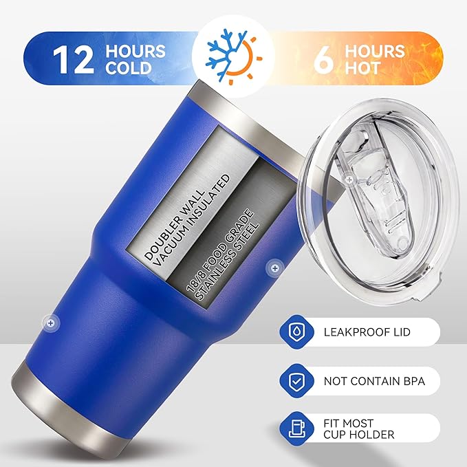 30 oz Tumbler with Lid Stainless Steel Tumblers Bulk Vacuum Insulated Cup Reusable Powder Coated Travel Mug Double Wall Leak Proof Cups Keep Cold Drinks for 12 Hours Blue, Set of 12