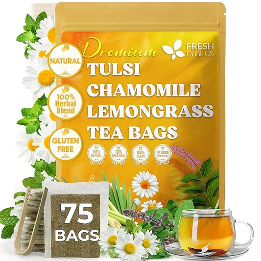 FreshDrinkUS, Premium 75 Tea Bags Tulsi Chamomile Lemongrass Herbal Tea | Blend with Holy Basil, Chamomile Flowers & Lemongrass Leaves – Naturally Caffeine-Free, Soothing Herbal Infusion. Vegan - Bloomnest