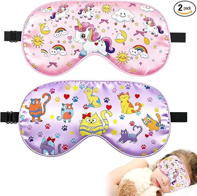 2 Pcs Sleep Mask for Kids Girls, Silk Eye Covers for Sleeping, Adjustable Strap & Light Blocking Design, Children's Bedtime Blindfold for Travel and Home Use (Rainbow Unicorn) - Bloomnest