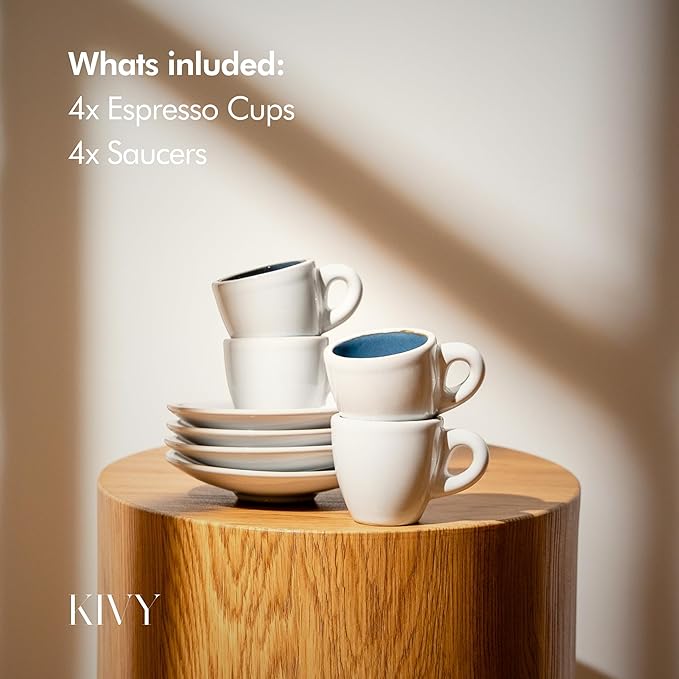 KIVY 3 oz Espresso cups set of 4 - Thick walled stoneware espresso cup set - Italian style espresso cups and saucers - Expresso shots cup - Small coffee mugs and saucers - Blue - Bloomnest