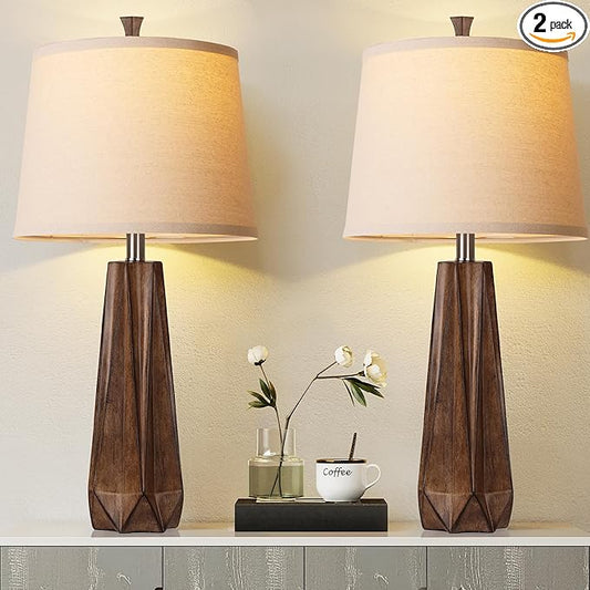 WIHTU 3 Color Temperature Table Lamps Set of 2, Beside Lamp with Linen Shade, 27'' Wood Grain Color Modern Table Lamp for Living Room, Resin Desk Lamp for Nightstands Bedroom Decor (2 Bulbs Included) - Bloomnest