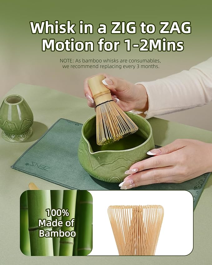 ZENS Matcha Whisk Set, 6Pcs Matcha Kit Set Includes Ceramic Bowl, Bamboo Whisk and Chasen Holder,Scoop, 304 Stainless Sifter & Tea Mat, Matcha Set for Tea Ceremony, Blue - Bloomnest