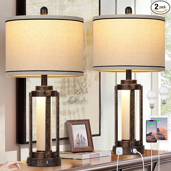 Farmhouse Lamps with USB A+C Charging Ports & AC Outlet, Rustic Vintage Industrial Table Lamps Metal Lamp with Glass LED Night Light & Beige Fabric Shade for Living Room Bedrooms Nightstand Bronze - Bloomnest