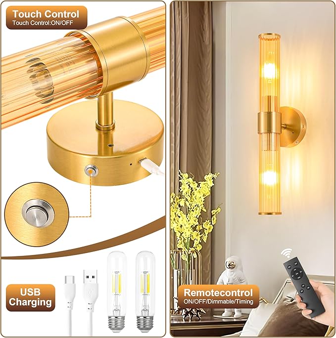Gold Battery Operated Wall Sconces Set of 2, Rechargeable Wall Lights with Remote Control, 20 Inch Modern Wireless Wall Lamp for Bedroom, Living Room with Amber Shade (Bulbs Included) - Bloomnest