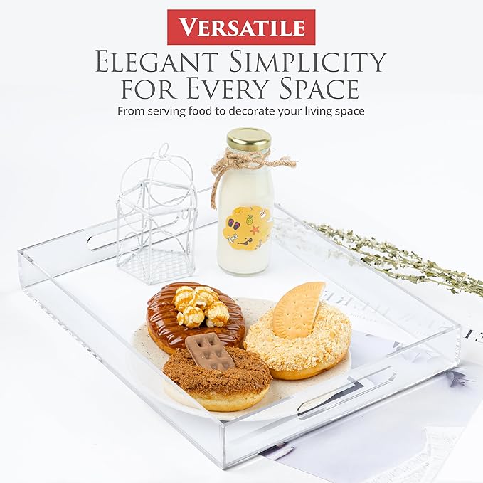 Acrylic Tray 16x12 with Cut Handles - Spill Proof Decorative Tray is an Ideal Countertop Organizer for Living Rooms, Ottoman Coffee Tables, Offices, Kitchens & Serving Guests - Bloomnest