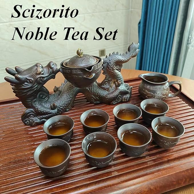 Chinese Gongfu Tea Set Gift Box, Chinese Dragon Shape, Pure Hand Firing, with 360Rotating Teapot and Infuser, Suitable for Office, Home, Gift (Dragon Legend)