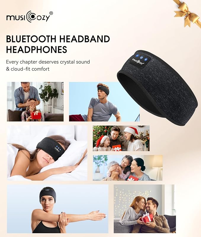 MUSICOZY Sleep Headphones Bluetooth 5.4 Headband, Wireless Earphones Music Sleep Earbuds Sleeping Eye Mask with HD Stereo Speakers for Workout Running Travel Yoga, Ideal Gifts (Black) - Bloomnest