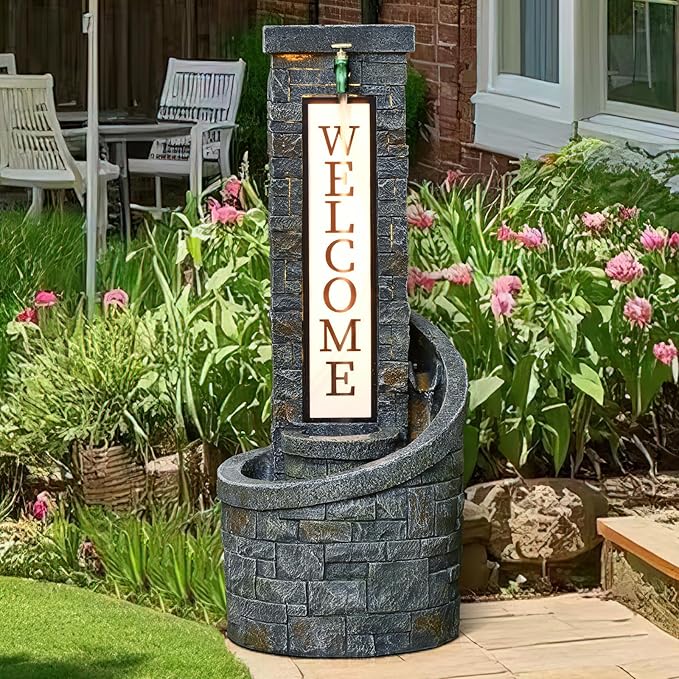 35.43 Inches Outdoor Water Fountain Welcome Garden Waterfall Indoor Modern Water Feature Freestanding Fountains with LED Lights and Pump for Patio Yard Pool Home Decor