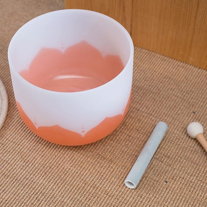 Leize Quartz Crystal Singing Bowl 432hz D Note Sacral Chakra Navel Chakra Orange Lotus Design 11" Wide with Suede Striker - Bloomnest