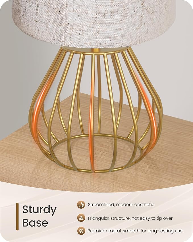 Gold Bedside Table Lamp, 12.6'' Small Table Lamp with Beige Linen Lampshade & Gold Teardrop Cage, Modern Little Cute Desk Lamp for Bedroom, Living Room, 2700K LED Bulb Included DE06TL05 - Bloomnest