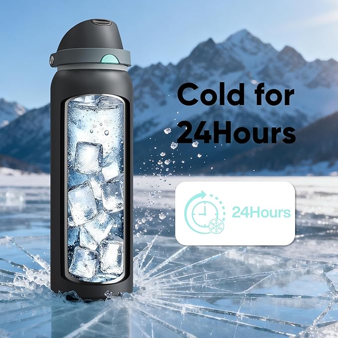 Insulated Water Bottle with Straw - Encool Stainless Steel Water Bottle with Push Button Lid, Leak-Proof & BPA-Free, Keeps Cold for 24 Hours for Sports, Travel, Gym (40 oz, Tuna Grey-Green) ENCOOL