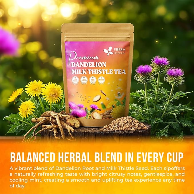 FreshDrinkUS, Premium Dandelion Milk Thistle Herbal Tea | 135 Tea Bags | Herbal Blend with Dandelion Root & Milk Thistle Seed – Clean Plant-Based Daily Tea, Naturally Caffeine Free. Sugar Free. Vegan - Bloomnest