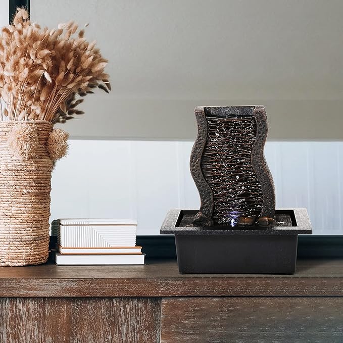 Dyna-Living Water Fountains Indoor Tabletop Water Fountain with LED Lights Feng Shui Waterfall Fountain for Modern Home Decor Office Living Room Decoration