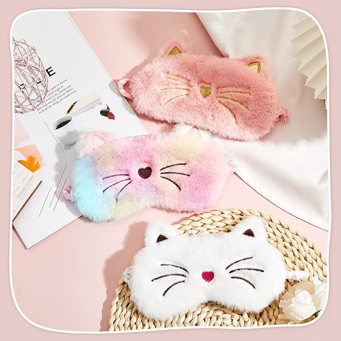 3 Pieces Sleep Mask for Kids, Girls Plush Sleeping Eye Cover Soft Eye Blindfold Cover Animal Shade for Kids(White, Pink and Rainbow Color,Cat Style) - Bloomnest
