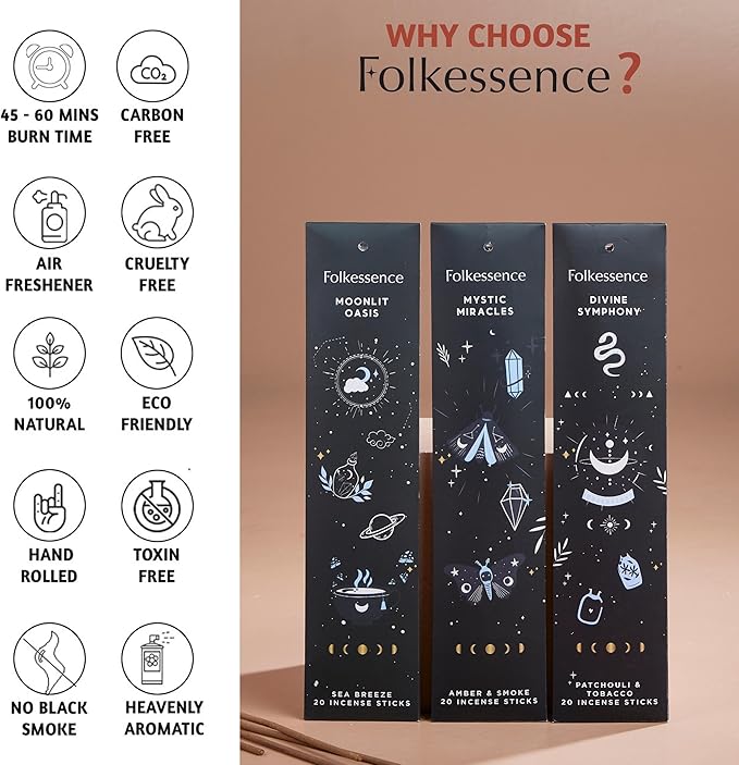 Folkulture Set of 6 Incense Stick | 120 Insence Sticks - Palo Santo & Sandalwood, White Sage, Lavender, Patchouli | Palo Santo Insence-Sticks | Sandalwood Incenses, Lemongrass, Rose Geranium FOLKULTURE