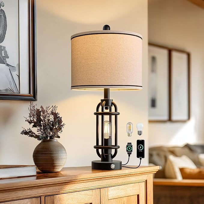 24'' Table Lamps for Living Room Bedroom Industrial Touch Lamp with USB A+C Ports, Night Light Farmhouse Vintage Nightstand Bedside Lamps for Night Stands Metal Black, Bulbs Included - Bloomnest