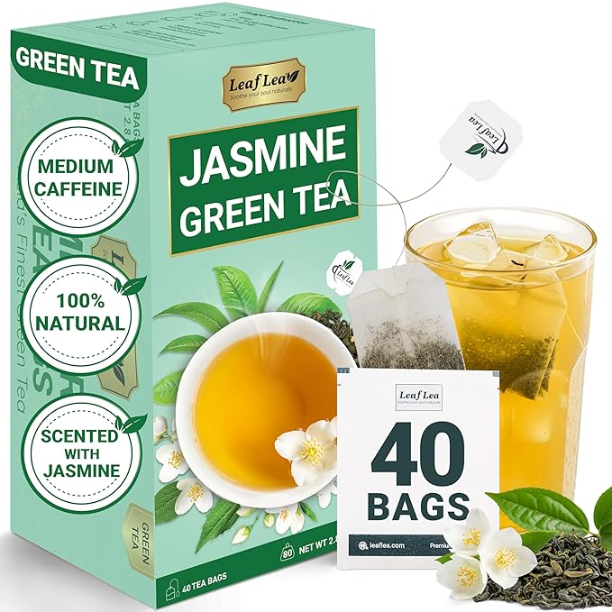 LeafLea 40 Jasmine Green Tea Bags, Premium Green Tea Scented with Jasmine Flowers for Gentle Support & Light Alertness, Floral Smoothness, Caffeinated, Sugar-Free, Non-GMO, Vegan, Individually Wrapped - Bloomnest
