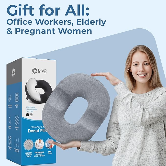 5 STARS UNITED Donut Pillow Hemorrhoid Tailbone Cushion – Large Cushion for Pain Relief – Coccyx, Prostate, Sciatica, Pelvic Floor, Pressure Sores, Pregnancy, Postpartum Recovery, Gray - Bloomnest